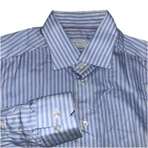 Eton Contemporary Button‎ Up Stretch Blue White Black Stripe Men's Sz 42  16.5